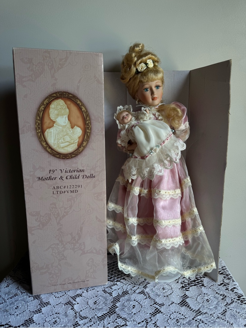 Vintage Victorian Mother & Child Porcelain Doll in Pink and White 19in